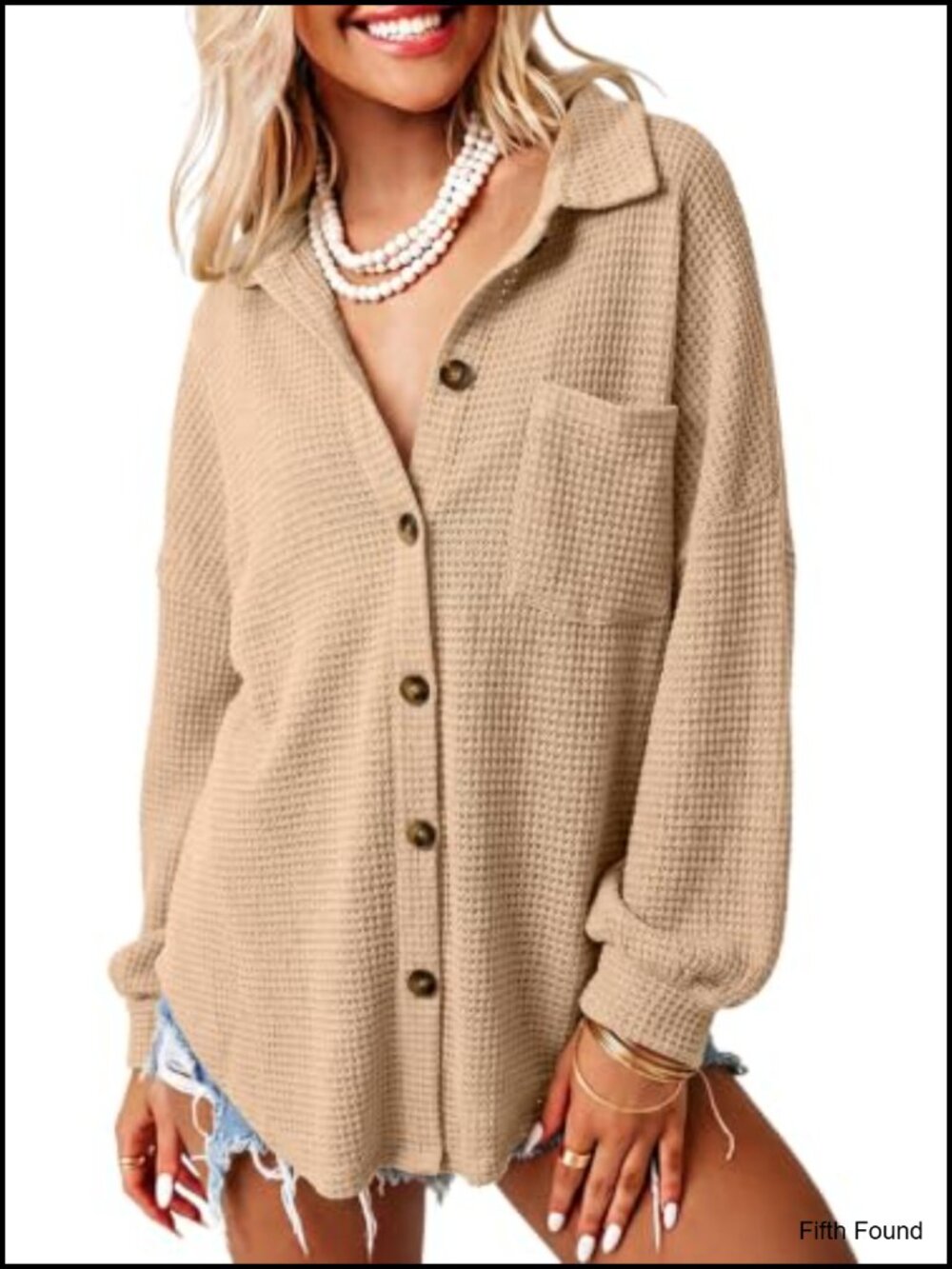 Waffle Knit Shacket Button Down Shirt Loose Boyfriend Top